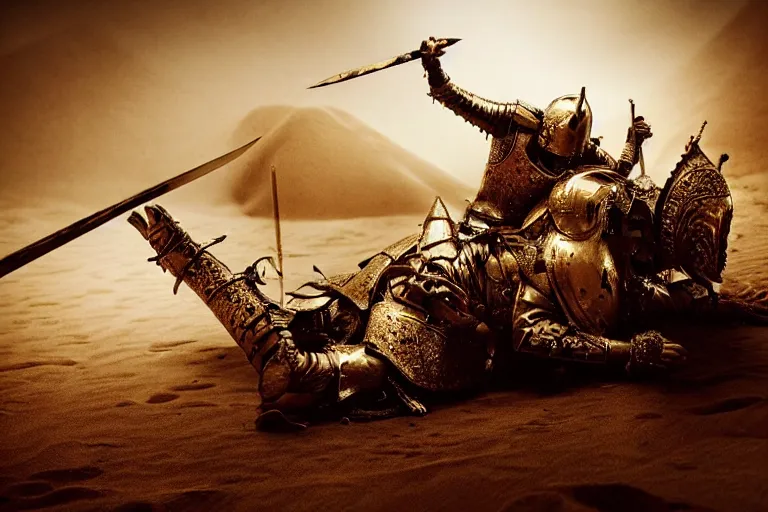 Image similar to the king in the desert dead on the ground, defeated, blood on sand, swords fallen to ground, fighting in a dark scene, gold sword, detailed scene, killed in war, blood spill, Armour and fallen Crown, highly detailed, blood and dust in the air, brutal battle, action scene, cinematic lighting, dramatic lighting, trending on artstation, elegant, intricate, character design, motion and action and tragedy, fantasy, D&D, highly detailed, digital painting, concept art