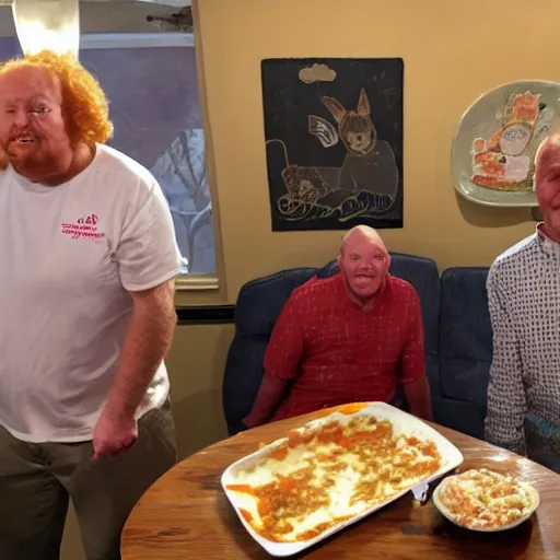 Image similar to fat orange tabby cat next to curly haired man and lasagna on table, jim davis