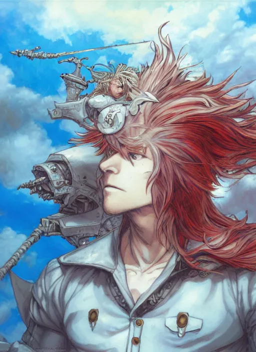 Prompt: prompt : ragnarok online portrait soft light painted by james jean and katsuhiro otomo and erik jones, inspired by akira anime, epic fantasy, a long red haired, red bearded male sky - pirate in front of an airship, intricate oil painting, high detail illustration, sharp high detail, manga and anime 1 9 9 9