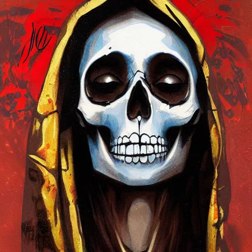 Image similar to painting of the virgin mary skull face by greg rutkowski and jc leyendecker with graffiti pop art