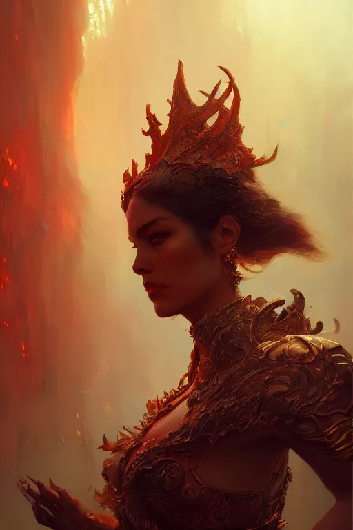 Prompt: attractive demon queen, close - up portrait, intricate, elegant, volumetric lighting, scenery, digital painting, highly detailed, artstation, sharp focus, illustration, concept art, gaston bussiere, ruan jia, steve mccurry