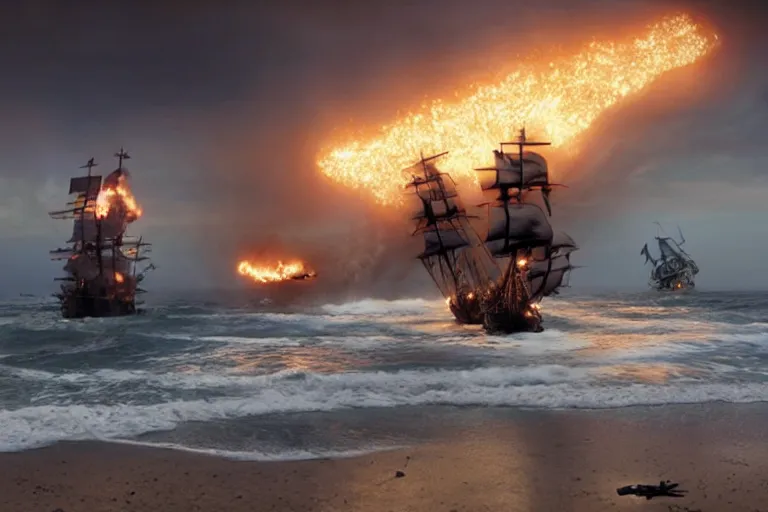 Image similar to vfx movie closeup portrait pirate crew running down beach as pirate ship fires canons, sand explosion by emmanuel lubezki