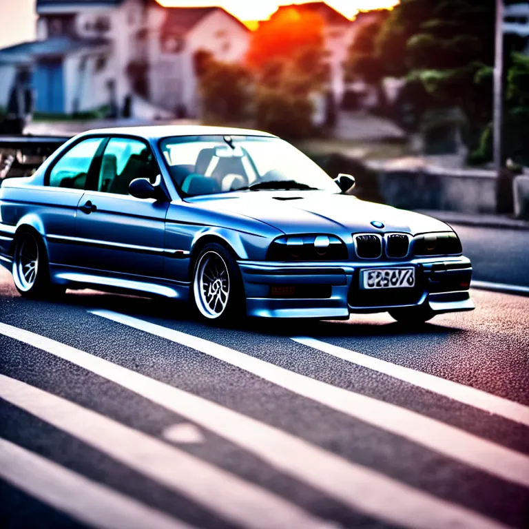 Image similar to close-up-photo BMW E36M middle of street, sunset kanagawa prefecture, night, cinematic color, photorealistic, highly detailed,