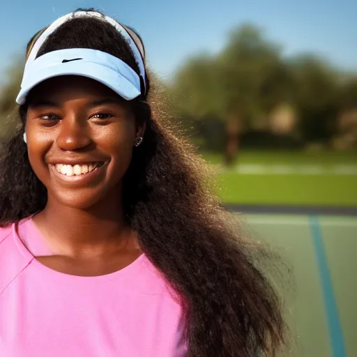 Image similar to portrait of 2 0 - year - old girl with dark skin and dark frizzy hair, wearing a tennis visor, smiling at camera, realistic photo, bright background