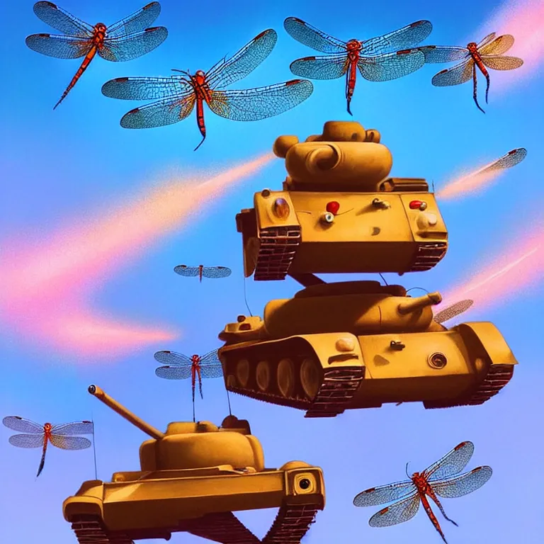 Prompt: a horde of dragonflies using cables to lift a tank, mid-air, suspended, fantasy, sunspots, motion, digital art by RHADS and Moebius, artstation