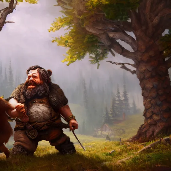 Image similar to Drunk Dwarf Woodsman riding Bear Companion into a Tavern, RPG Portrait Full Body, Oil Painting, Trending on Artstation, octane render, Insanely Detailed, 8k, HD