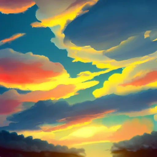 Image similar to peaceful puffy cloud with sunset in the background, matte painting, trending on artstation, artstationHQ, unreal engine, 4k, 8k, anime style