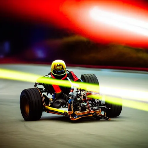 Image similar to go - kart racer taking a corner at speed on a race track, motion blur lights, laser, smoke, debris, fast movement, artistic angle shot, light streaks, dark mood, night time