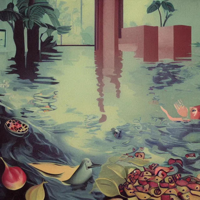 Image similar to tall female emo vegan socialist artist in their flooded apartment, painting of flood waters inside an artist's home, a river flooding indoors, pomegranates, pigs, ikebana, zen, water, octopus, river, rapids, waterfall, black swans, canoe, berries, acrylic on canvas, surrealist, by magritte and monet