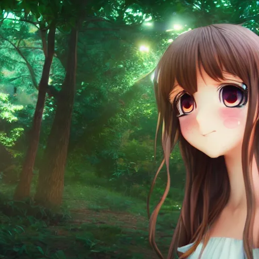 Prompt: Render of a very beautiful 3d anime girl, long hair, hazel eyes, cute freckles, full round face, short smile, cute sundress, golden hour, serene forest setting, medium shot, mid-shot, highly detailed, trending on Artstation, Unreal Engine 4k