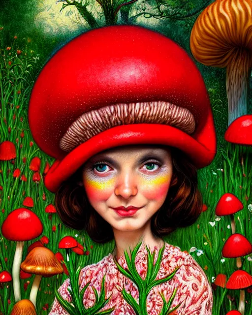 Prompt: highly detailed closeup, of a beautiful brown hair happy woman dressed in a red mushroom hat and clothes, full face view, in a mushroom garden, hyper realistic, psychedelic, illustration, nicoletta ceccoli, mark ryden, lostfish, dan decarlo, bob clampett, max fleischer, digital paint, matte paint, vivid colors, detailed and intricate environment