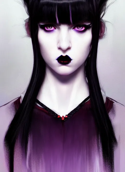 Image similar to portrait of white teenage girl, normal face, black bangs, mall goth, cyberlox, black and white hair, bangs, fluffy bangs, red contacts, purple lipstick, intricate, elegant, highly detailed, digital painting, artstation, concept art, sharp focus, smooth, illustration, art by wlop, mars ravelo and greg rutkowski