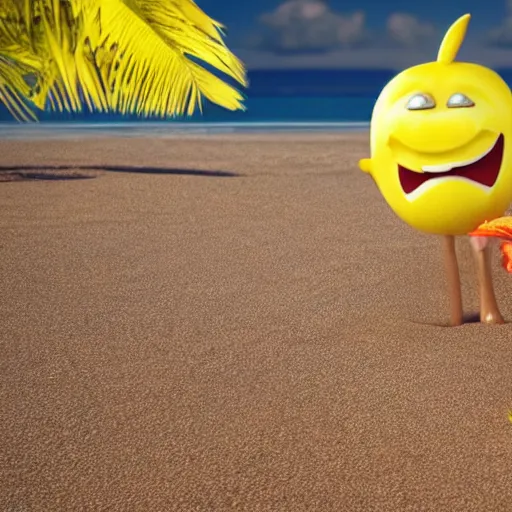 Prompt: a cgi happy smiling lemon character with a leaf on the top and two feet, holding an tropical drink, on the beach, as an octane render