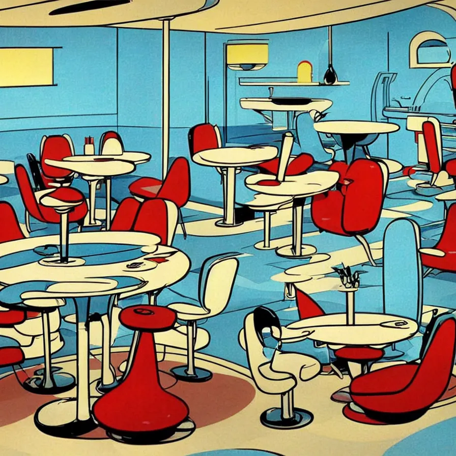 Image similar to concept art of jetsons cartoon indoor 5 0 s modern dinning room, painted by charlie harper