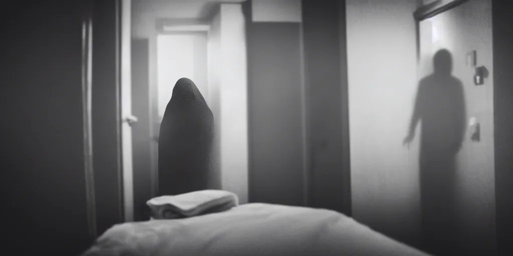 Prompt: a still shot of a scary male drug addict ghost jumpscare to camera in a hotel room, horror