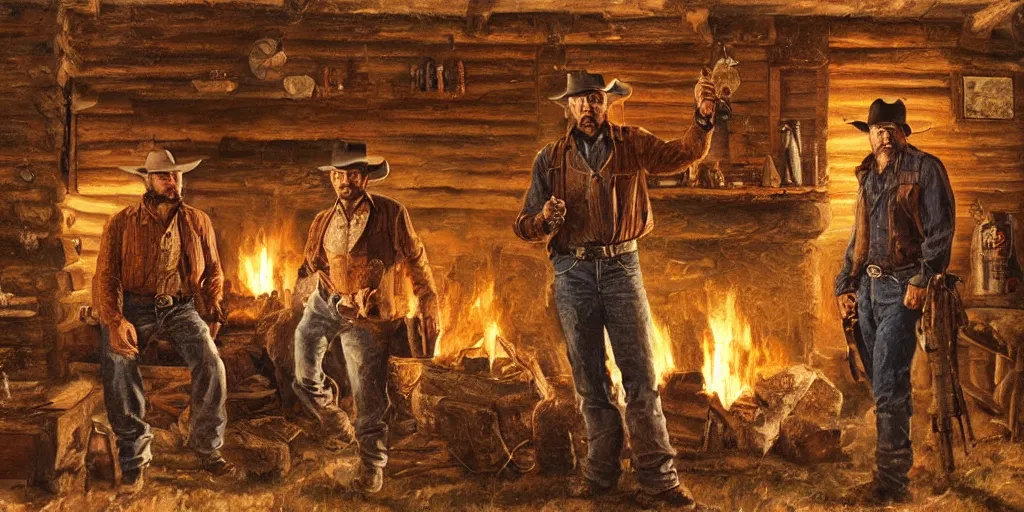 Prompt: in an old west cabin, close up shot a rugged, Dave Bautista cowboy standing ((alone)) and Mila Jovovich (((alone))) at the fireplace, in the style of Fredrick Remington, oil painting