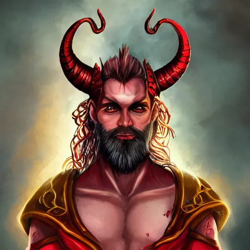 Image similar to dnd style portrait of a tiefling, male, red scales, red skin, a big black beard, completely golden eyes, 2 black ram horns growing out of his forehead,