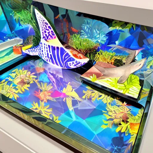 Prompt: glowing 1975 godly London polygon shark oasis drawer flora , by Jeff Koons and George Lucas and Georgia O'Keeffe , lowbrow , quantum wavetracing , cluttered