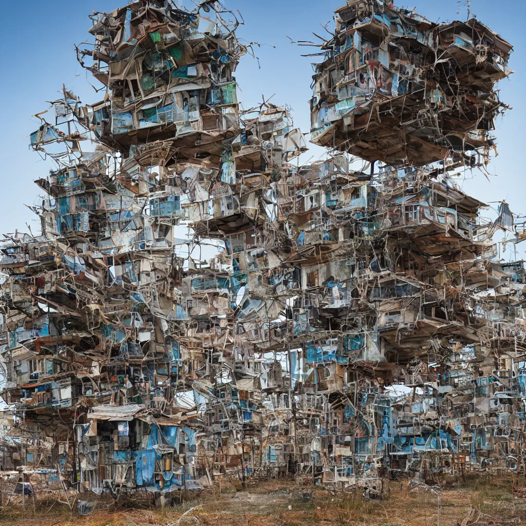 Prompt: a tower made up of makeshift squatter shacks, dystopia, sony a 7 r 3, f 1 1, fully frontal view, photographed by david lachapelle and jeanette hagglund, ultra detailed,