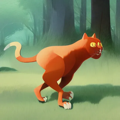 Image similar to Goro Fujita illustrating a big cat calmly walking through the forest, by Goro Fujita, concept art, sharp focus, highly detailed, ArtStation