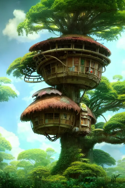 Image similar to treehouse, solarpunk studio ghibli, jean - baptiste monge, octane render, 4 k