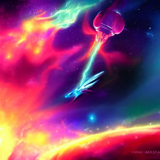 Prompt: a digital painting of a spaceship flying through a beautiful nebula, 8K, trending on art station, realistic, award winning