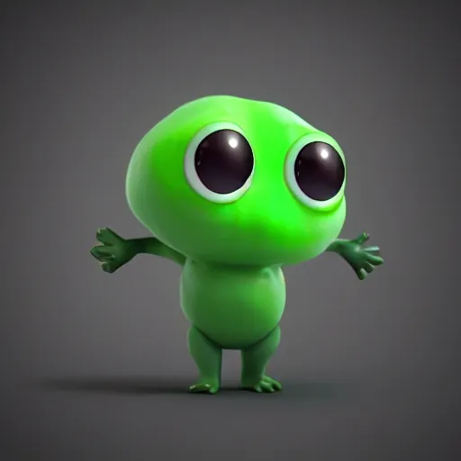 Prompt: 3 d octane render of a chibi transparent green slimeball character with eyes