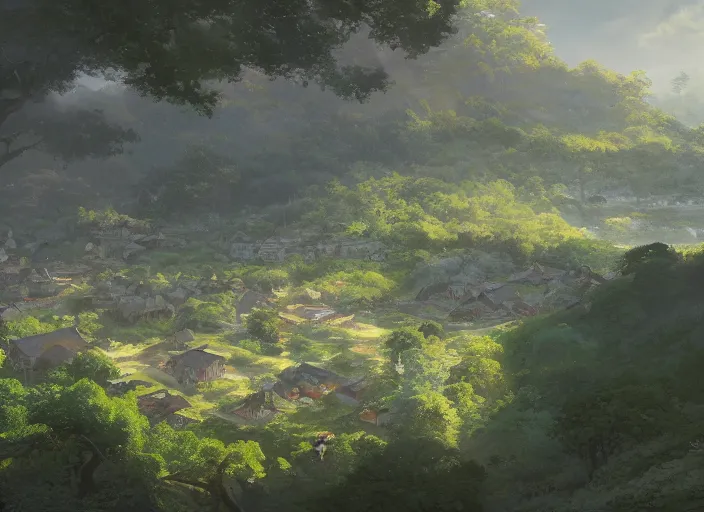 Prompt: concept art painting of a distant small woodland village in a valley seen from above, early morning, european japanese buildings, beside a river, cel shaded, detailed, by makoto shinkai and moebius and greg rutkowski and james gurney