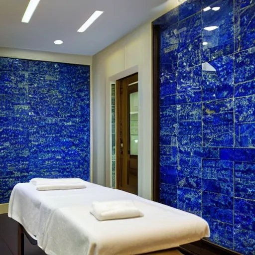 Prompt: luxury spa with lapis lazuli walls