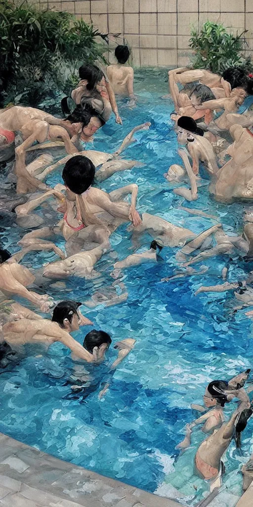 Image similar to oil painting scene from swimming pool by kim jung gi