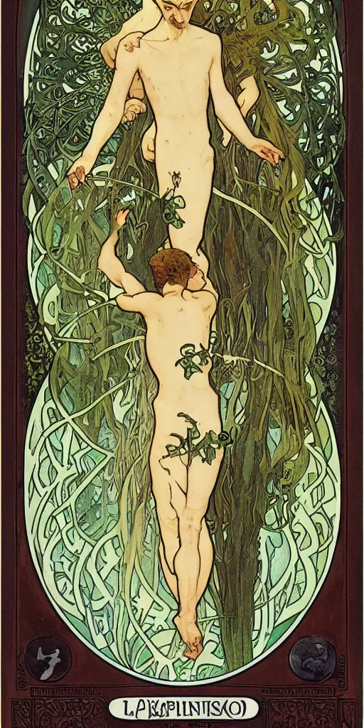 Image similar to A Pans Labyrinth Style Tarot Card of a narcissus by Alphonse Mucha and Martin Scorsese, Demonic, Diorama, CGSociety