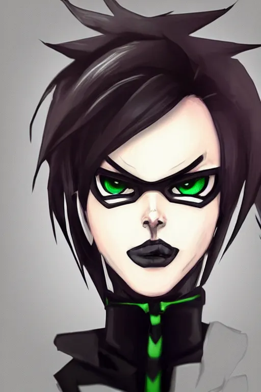 Image similar to “ digital drawing of tracer from overwatch in 3 d style, wearing black lipstick and black eyeliner, goth outfit, black hair, 4 k, detailed face, smirky expression ”