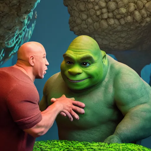 Image similar to Vin Diesel Shakes hands with Shrek , tentacles, unnatural shapes, jellyfish, insect, octane render, 3d digital art by beeple, unreal engine 5, award winning