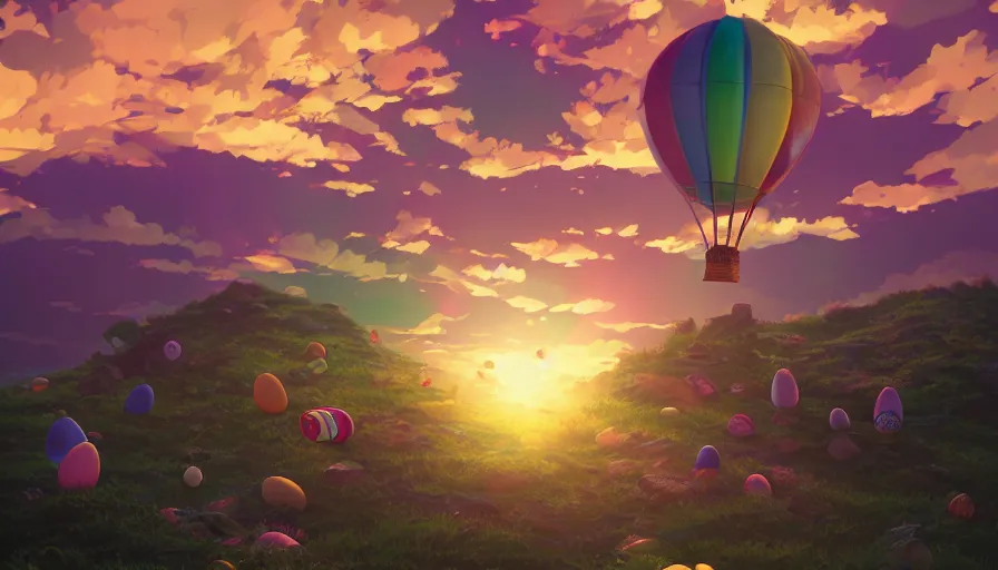 Prompt: a colorful easter egg as hot air balloon, sunset, serene evening atmosphere, soft lens, soft light, cel - shading, animation, in the style of cgsociety, deviantart, artstation, zbrush, cinema 4 d, studio ghibli, akihiko yoshida, atelier lulua, masamune shirow