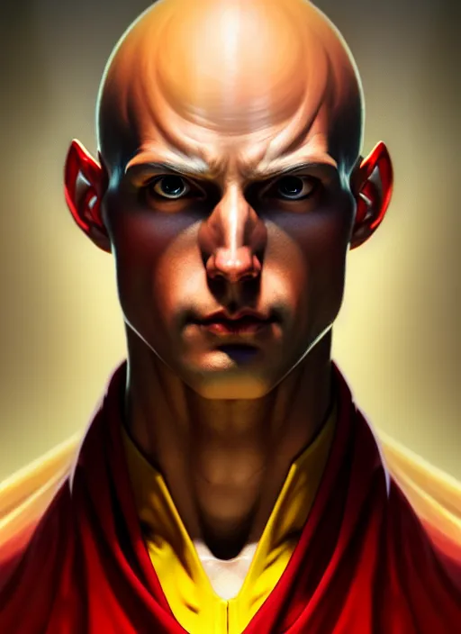 Image similar to ultra realistic illustration, handsome saitama. yellow and red cape, intricate, elegant, highly detailed, digital painting, artstation, concept art, smooth, sharp focus, illustration, art by artgerm and greg rutkowski and alphonse mucha and wlop