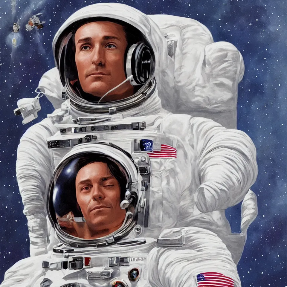 Image similar to a portrait of a single astronaut with headphone, beautiful, cinematic, illustrated by alex ross