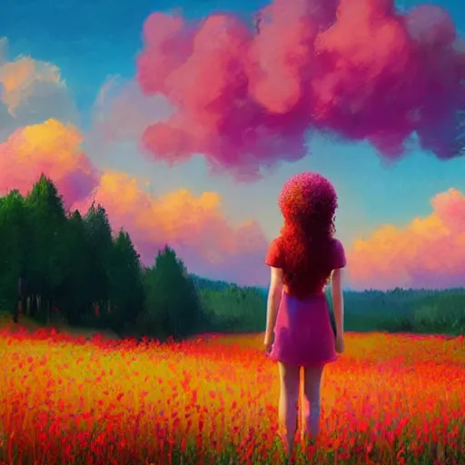 Prompt: girl with one flower afro, in a field with flowers, hills, big trees, sunrise dramatic light, impressionist painting, colorful clouds, digital painting, pointillism, artstation, simon stalenhag