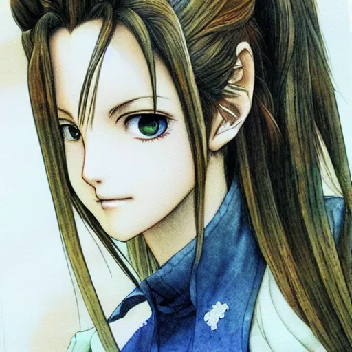 Prompt: Aerith by Yoshitaka Amano, illustration, watercolor, highly detailed