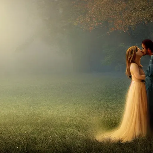 Image similar to a fantastic dreamy image of a vision of a couple having a loving kiss, in the form of spirit people dreaming, ethereal, dreamlike, misty, godrays, golden amber light