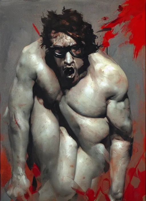 Image similar to bloated red faced sam hyde, straining, bulging eyes, painting by phil hale, fransico goya,'action lines '!!!, graphic style, visible brushstrokes, motion blur, blurry