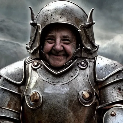 Prompt: last selfie taken by, a tolkien dwarf, resembling Danny Devito wearing metal Armour that is smiling, in combat, apocalyptic, smoldering ruins