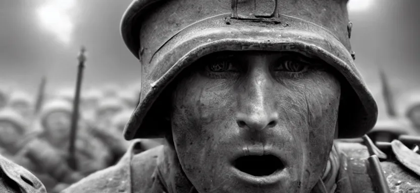 Prompt: horrified World War 1 soldier close-up, IMAX cinematic film still