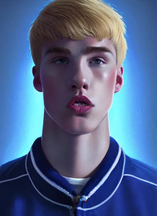 Image similar to portrait of high school senior boy named big moose, blonde short hair, jock, beefy, wide face, square jaw, square facial structure, blue varsity jacket with letter r, intricate, elegant, glowing lights, highly detailed, digital painting, artstation, concept art, sharp focus, illustration, art by wlop, mars ravelo and greg rutkowski