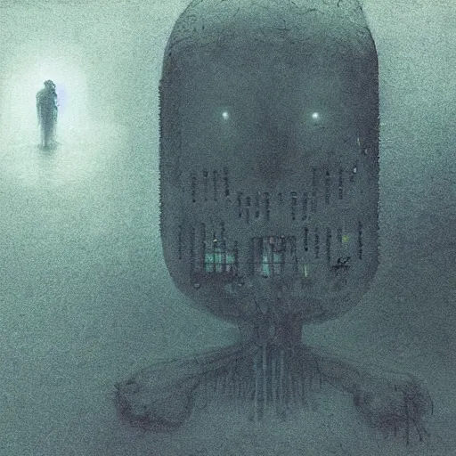 Image similar to robot ghost, glitch distortion, unbearable anxiety, tension, man just out of frame, by Stephen Gammell and Beksinski and Stalenhag.