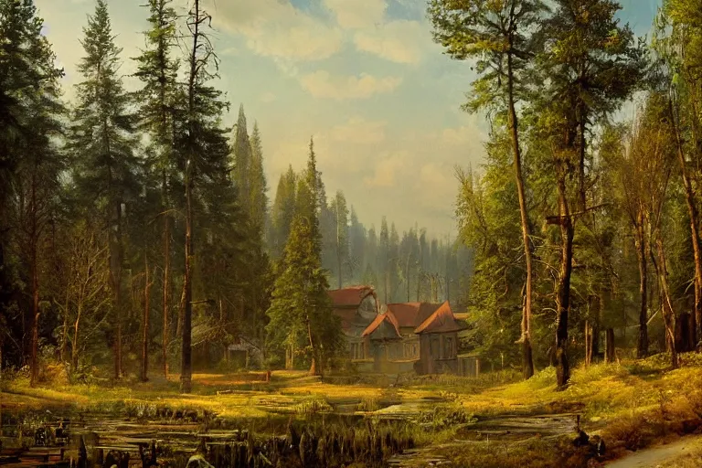 Image similar to A beautiful painting of russian village in dark forest by ivan shishkin and arkhip kuindji, trending on artstation,matte painting