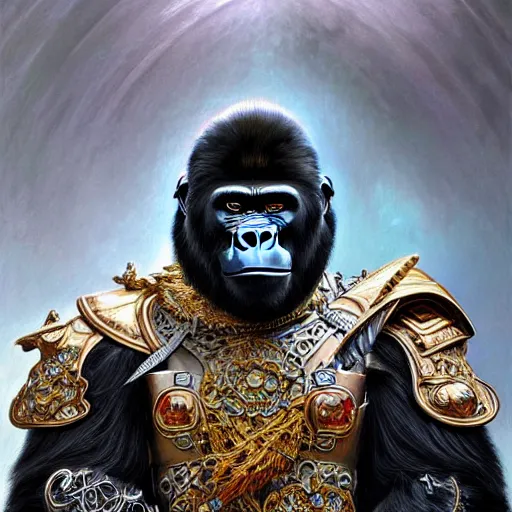Prompt: Portrait of a gorilla wearing ornate chrome knight’s armor, D&D, fantasy, intricate, elegant, highly detailed, digital painting, artstation, concept art, matte, sharp focus, illustration, art by Artgerm and Greg Rutkowski and Alphonse Mucha, portrait