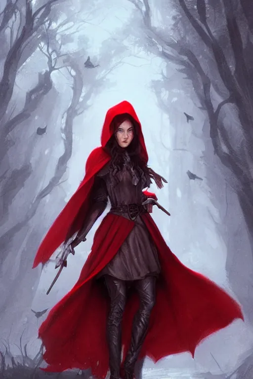 Image similar to powerful witch red riding hood, d & d, fantasy, portrait, highly detailed, headshot, digital painting, trending on artstation, concept art, sharp focus, illustration, art by artgerm and greg rutkowski and magali villeneuve