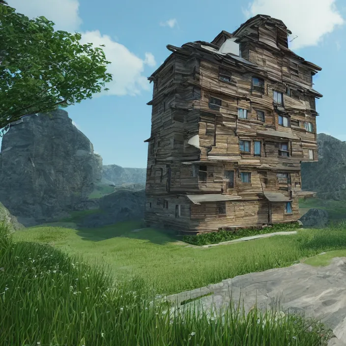 Prompt: a building in a serene landscape, unreal engine