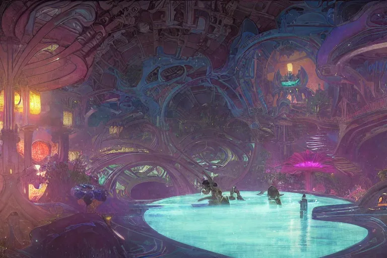 Prompt: concept digital art highly detailed alien art deco cybertronian lazy river inside of the palace of the primes with glowing pink water at night by greg rutkowski, ilya repin, alphonse mucha, and edmund blair leighton. very highly detailed 8 k, digital painting in style of hiromasa ogura ghost in the shell, the golden ratio, rational painting