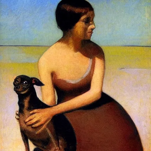 Prompt: a woman and her black and brown chihuahua by the sea by odilon redon